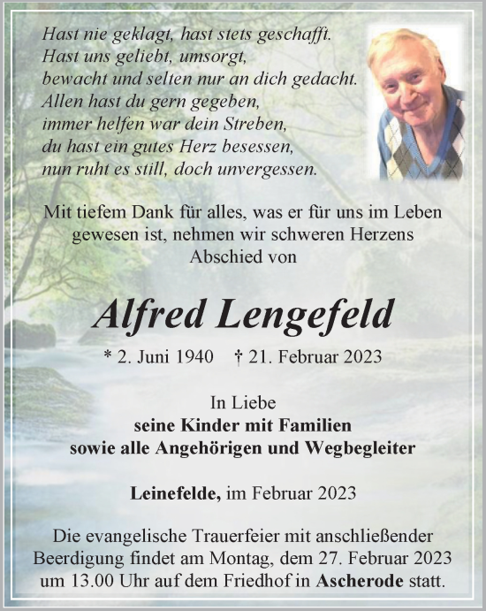 Traueranzeige von Alfred Lengefeld von Thüringer Allgemeine