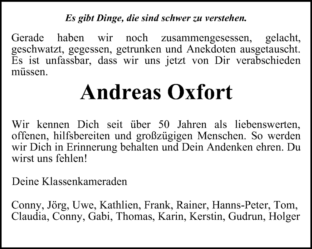  Traueranzeige für Andreas Oxfort vom 25.02.2023 aus Thüringer Allgemeine, Thüringische Landeszeitung