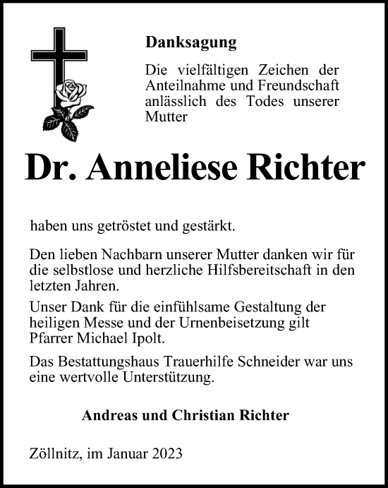 Traueranzeige von Anneliese Richter von Ostthüringer Zeitung, Thüringische Landeszeitung