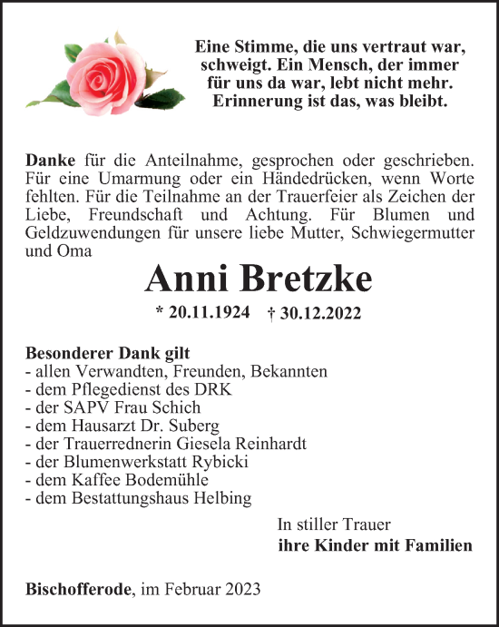 Traueranzeige von Anni Bretzke von Thüringer Allgemeine