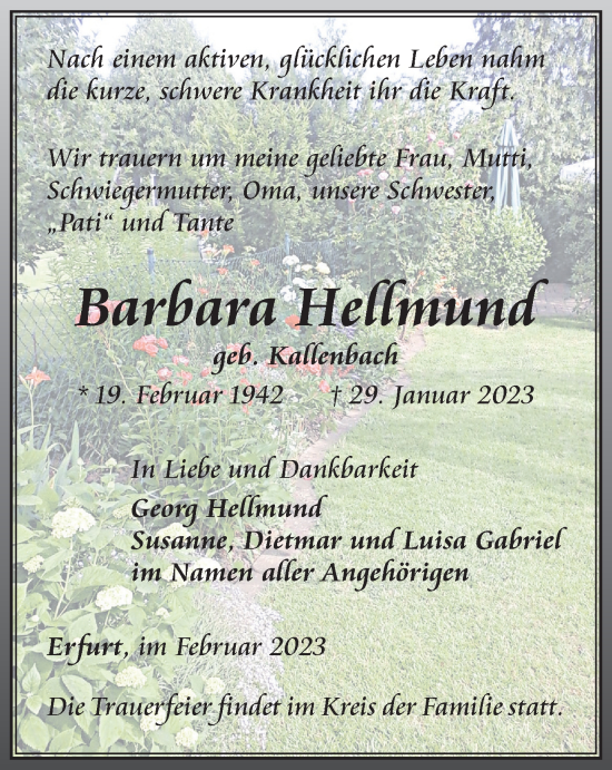 Traueranzeige von Barbara Hellmund von Thüringer Allgemeine, Thüringische Landeszeitung