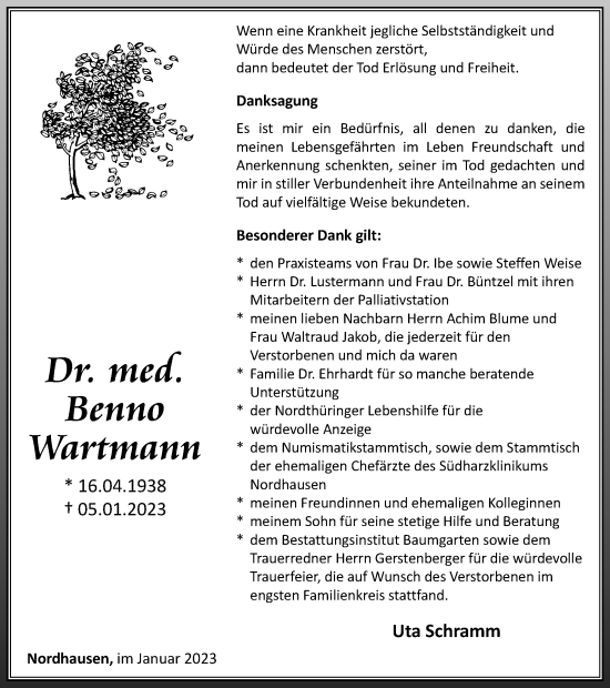 Traueranzeige von Benno Wartmann von Thüringer Allgemeine
