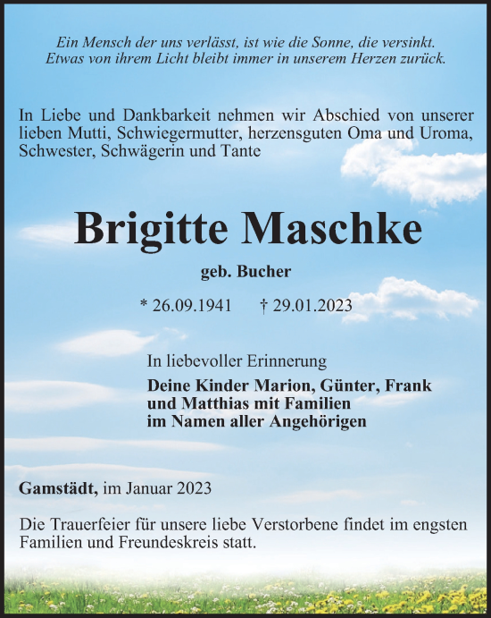 Traueranzeige von Brigitte Maschke von Thüringer Allgemeine, Thüringische Landeszeitung