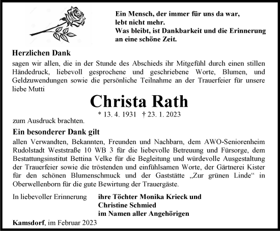 Traueranzeige von Christa Rath von Ostthüringer Zeitung