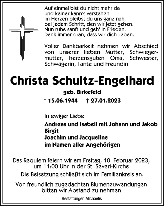 Traueranzeige von Christa Schultz-Engelhard von Thüringer Allgemeine, Thüringische Landeszeitung