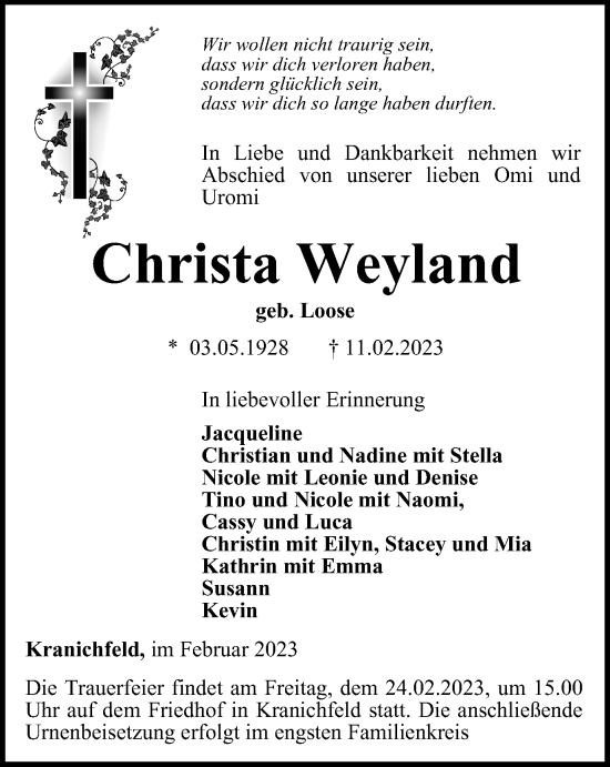 Traueranzeige von Christa Weyland