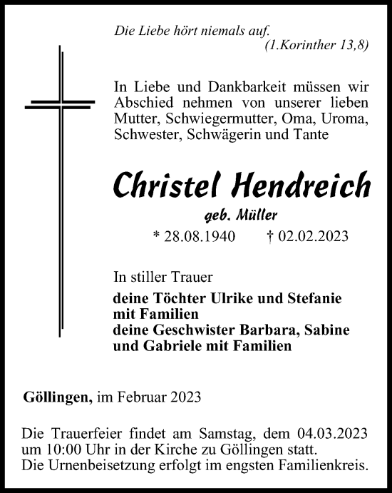 Traueranzeige von Christel Hendreich von Thüringer Allgemeine