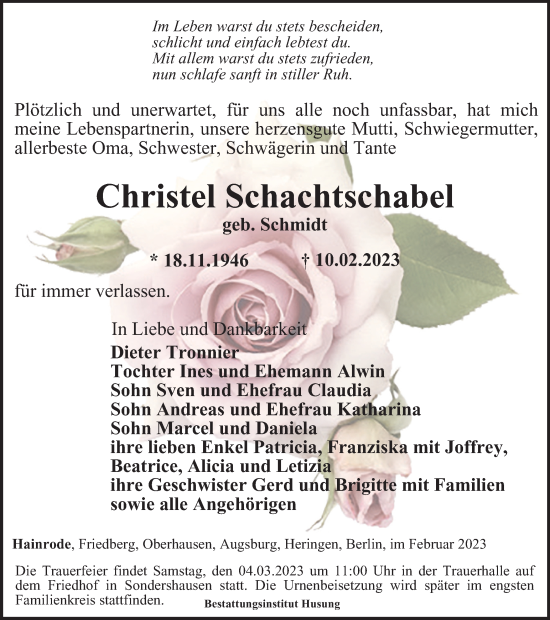 Traueranzeige von Christel Schachtschabel von Thüringer Allgemeine