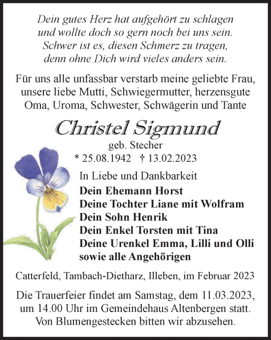 Traueranzeige von Christel Sigmund von Thüringer Allgemeine, Thüringische Landeszeitung