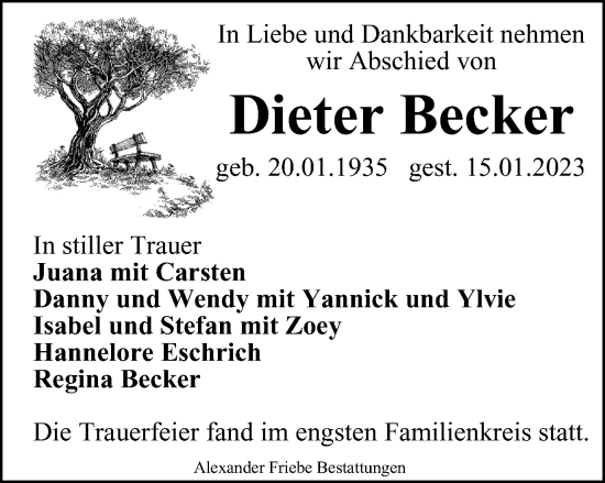 Traueranzeige von Dieter Becker