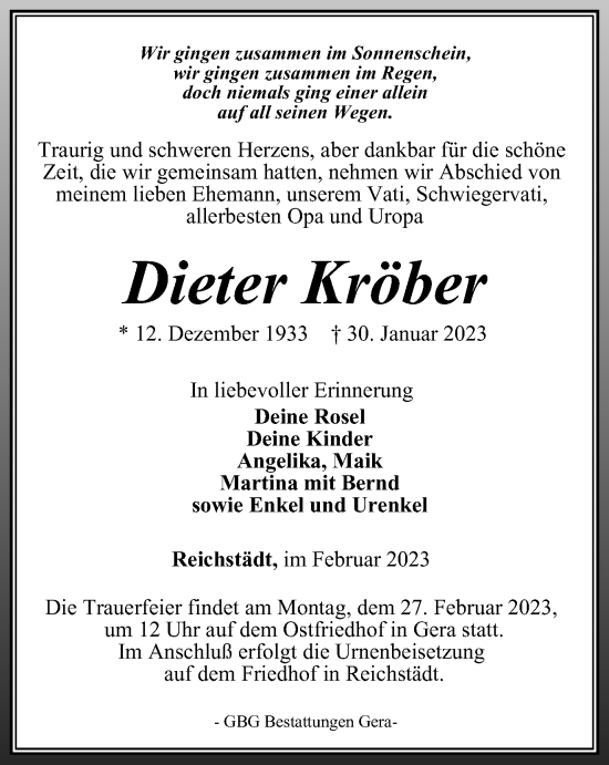 Traueranzeige von Dieter Kröber von Ostthüringer Zeitung