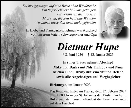 Traueranzeige von Dietmar Hupe von Thüringer Allgemeine