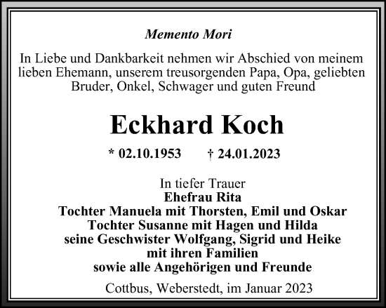 Traueranzeige von Eckhard Koch von Thüringer Allgemeine, Thüringische Landeszeitung