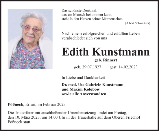 Traueranzeige von Edith Kunstmann von Ostthüringer Zeitung