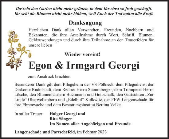 Traueranzeige von Egon und Irmgard Georgi von Ostthüringer Zeitung