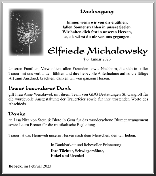 Traueranzeige von Elfriede Michalowsky von Ostthüringer Zeitung