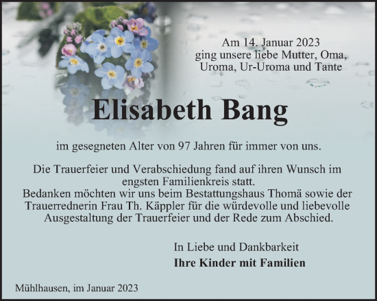 Traueranzeige von Elisabeth Bang von Thüringer Allgemeine, Thüringische Landeszeitung