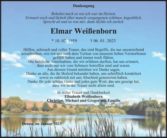 Traueranzeige von Elmar Weißenborn von Thüringer Allgemeine