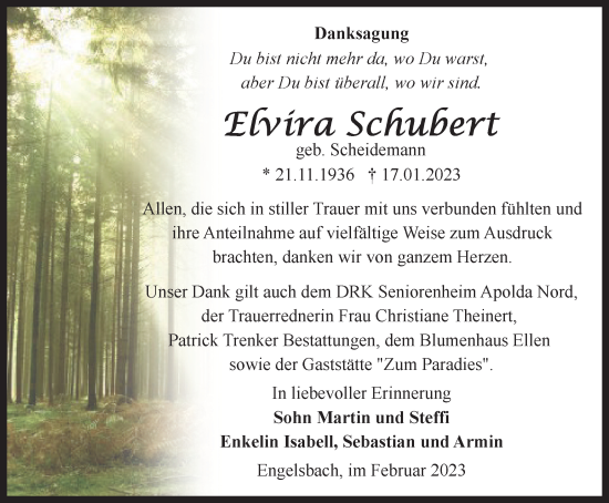 Traueranzeige von Elvira Schubert von Thüringer Allgemeine, Thüringische Landeszeitung