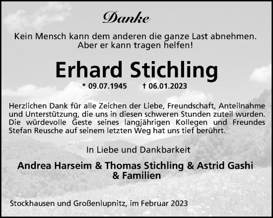 Traueranzeige von Erhard Stichling von Thüringer Allgemeine, Thüringische Landeszeitung