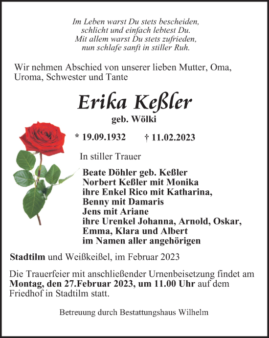 Traueranzeige von Erika Keßler von Thüringer Allgemeine