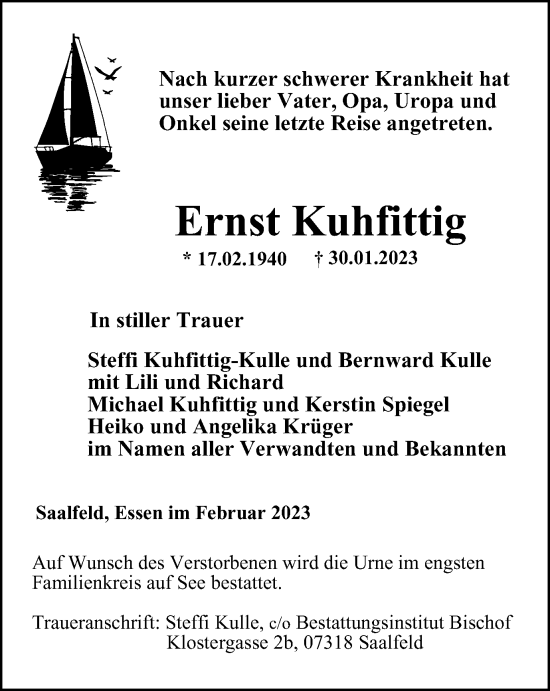 Traueranzeige von Ernst Kuhfittig von Ostthüringer Zeitung