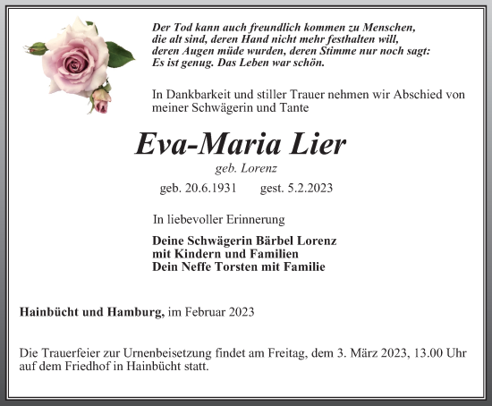 Traueranzeige von Eva-Maria Lier von Ostthüringer Zeitung