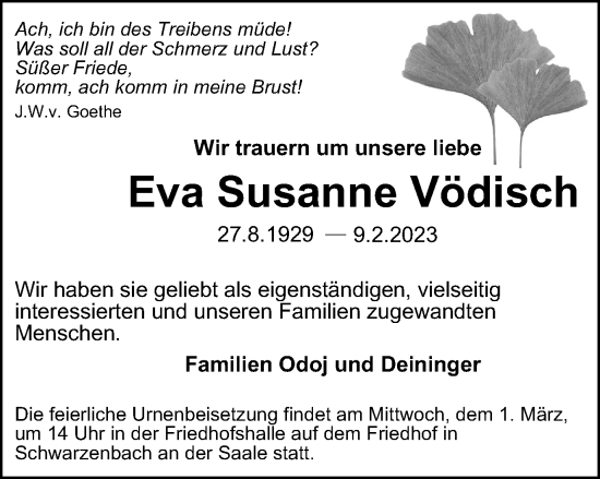 Traueranzeige von Eva Susanne Vödisch von Thüringer Allgemeine, Thüringische Landeszeitung