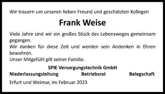 Traueranzeige von Frank Weise von Thüringer Allgemeine, Thüringische Landeszeitung