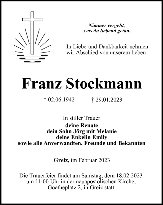 Traueranzeige von Franz Stockmann von Ostthüringer Zeitung