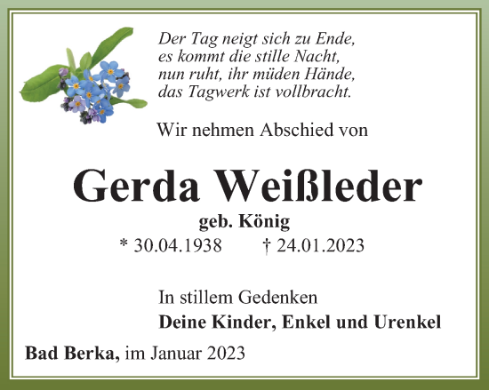 Traueranzeige von Gerda Weißleder von Thüringer Allgemeine, Thüringische Landeszeitung