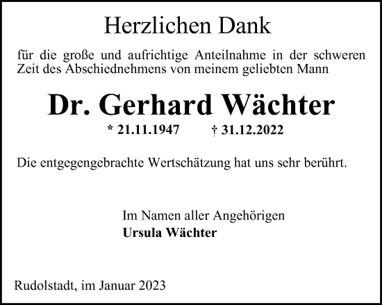 Traueranzeige von Gerhard Wächter von Ostthüringer Zeitung, Thüringische Landeszeitung