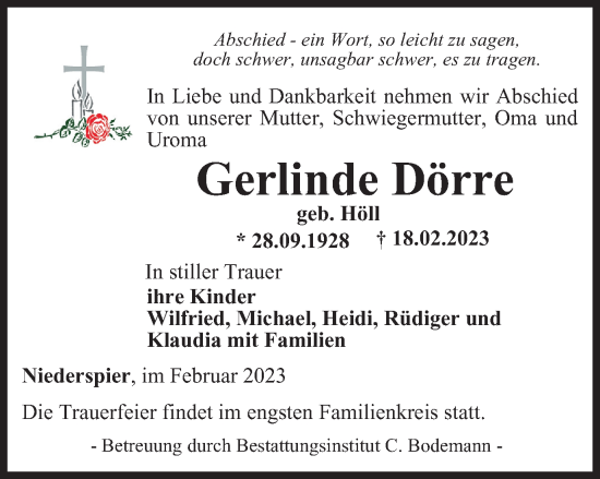 Traueranzeige von Gerlinde Dörre