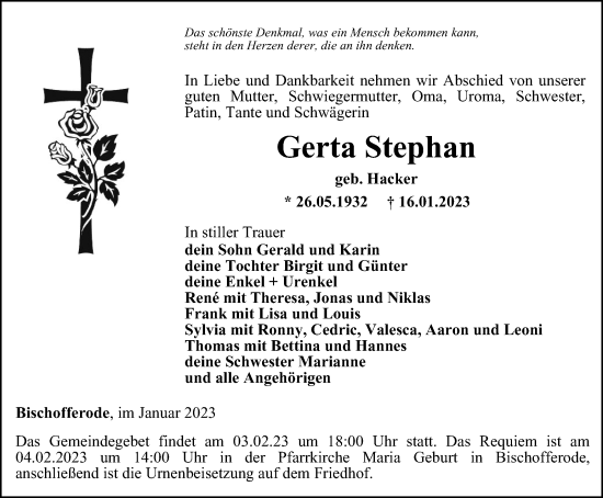 Traueranzeige von Gerta Stephan von Thüringer Allgemeine