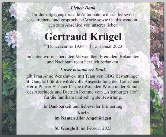 Traueranzeige von Gertraud Krügel von Ostthüringer Zeitung