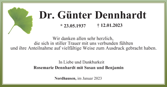 Traueranzeige von Günter Dennhardt von Thüringer Allgemeine