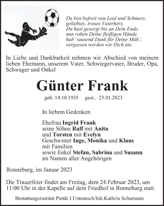 Traueranzeige von Günter Frank von Ostthüringer Zeitung