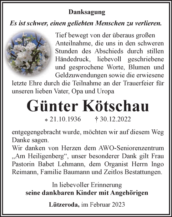 Traueranzeige von Günter Kötschau von Ostthüringer Zeitung