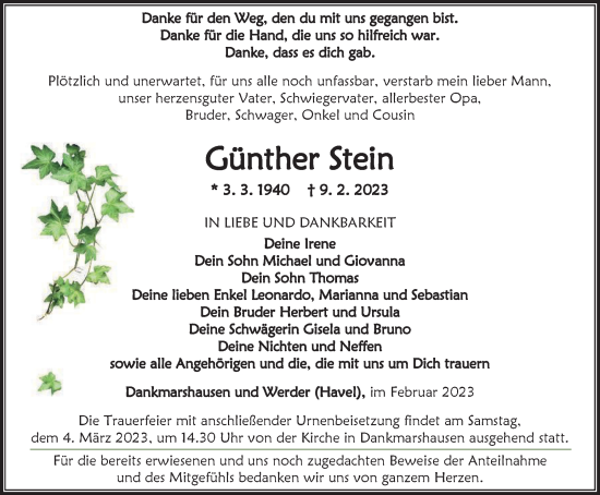 Traueranzeige von Günther Stein von Thüringer Allgemeine, Thüringische Landeszeitung