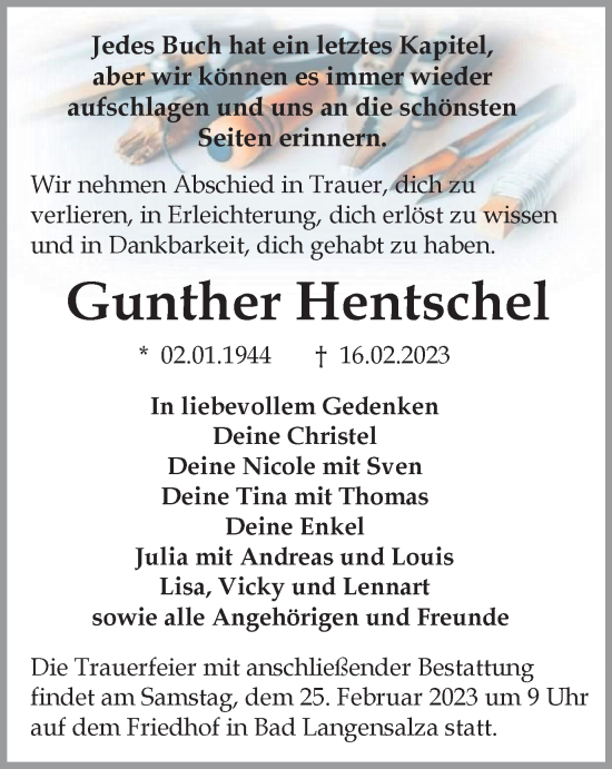 Traueranzeige von Gunther Hentschel von Thüringer Allgemeine, Thüringische Landeszeitung