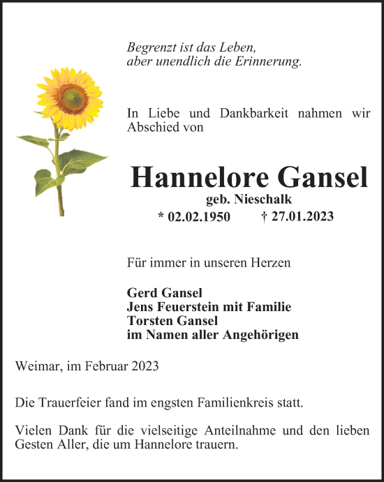 Traueranzeige von Hannelore Gansel von Thüringer Allgemeine, Thüringische Landeszeitung