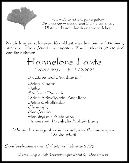 Traueranzeige von Hannelore Laute