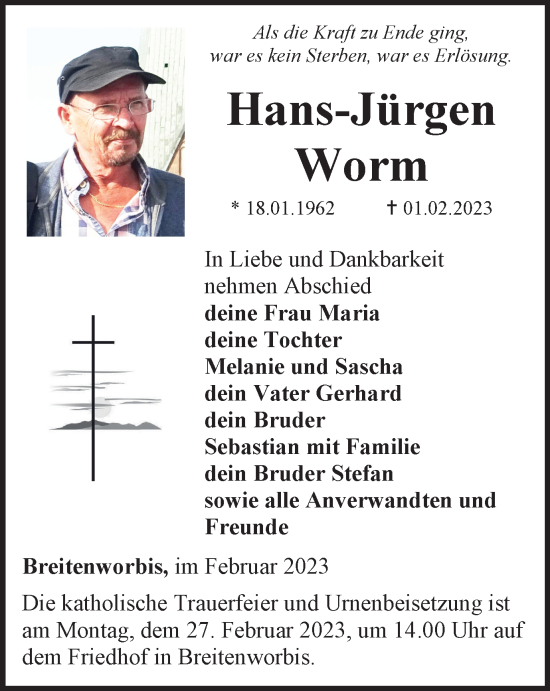 Traueranzeige von Hans-Jürgen Worm von Thüringer Allgemeine