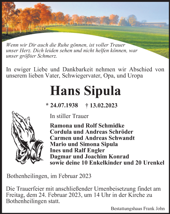 Traueranzeige von Hans Sipula von Thüringer Allgemeine, Thüringische Landeszeitung