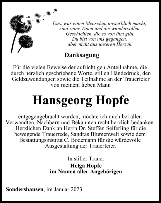 Traueranzeige von Hansgeorg Hopfe