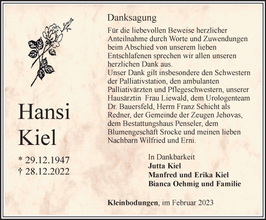 Traueranzeige von Hansi Kiel von Thüringer Allgemeine