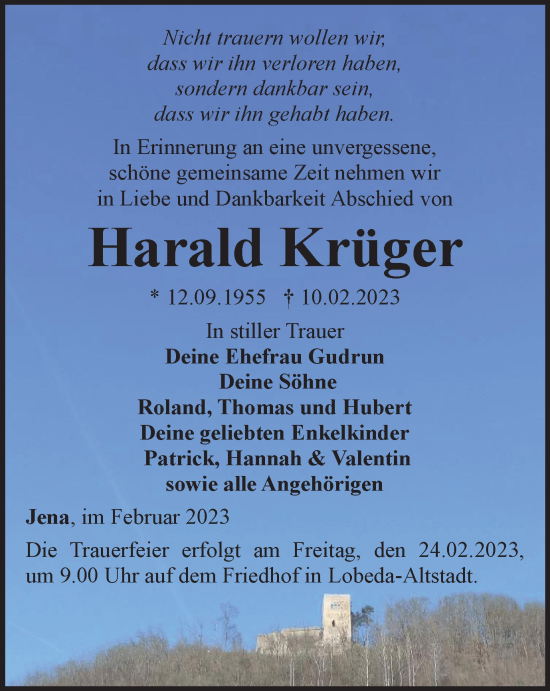 Traueranzeige von Harald Krüger von Ostthüringer Zeitung, Thüringische Landeszeitung