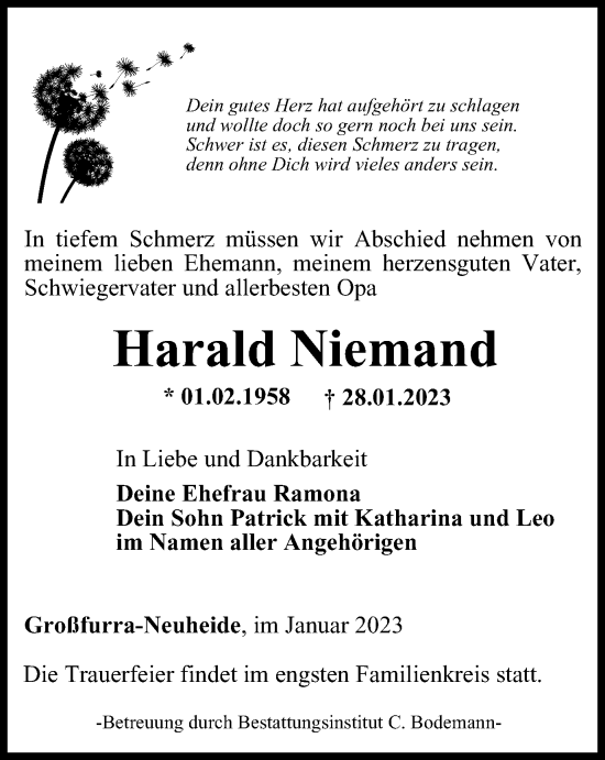 Traueranzeige von Harald Niemand