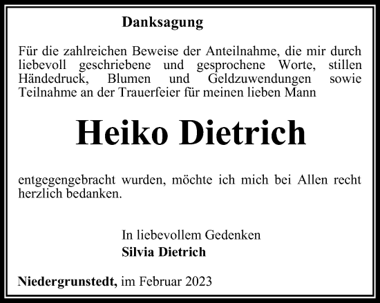 Traueranzeige von Heiko Dietrich von Thüringer Allgemeine, Thüringische Landeszeitung