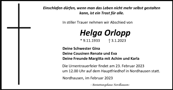 Traueranzeige von Helga Orlopp von Thüringer Allgemeine